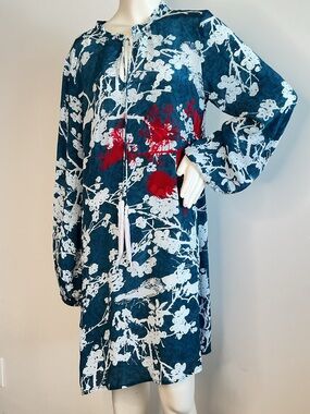 NWT Hemant & Nandita Blue Floral Bird Print Tunic Dress Size 10
